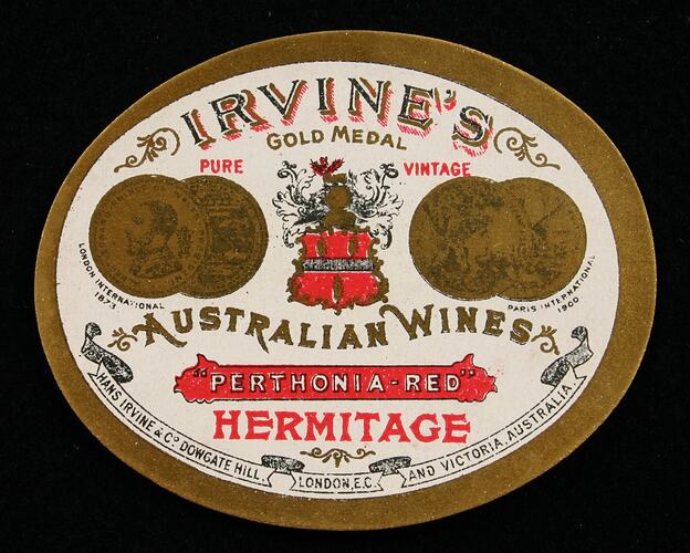 Wine Label - Great Western Winery, Red Hermitage, 'Perthonia-Red', 1905-1918