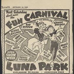 Newspaper Clipping - Luna Park Fun Carnival, September 16, 1939
