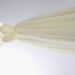 Full length cream evening gown, yellow sequins.