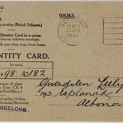Identity Card - Gwendolen Luly, World War II, 1942