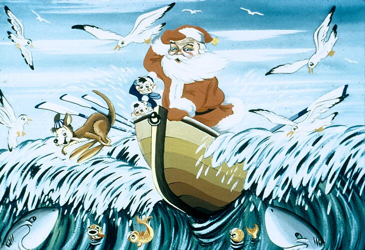 Image of Santa on a boat, circa 1950s. Cartoon slide.