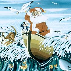 Digital Photograph - Cartoon, Santa Claus Sailing Boat, circa 1950s