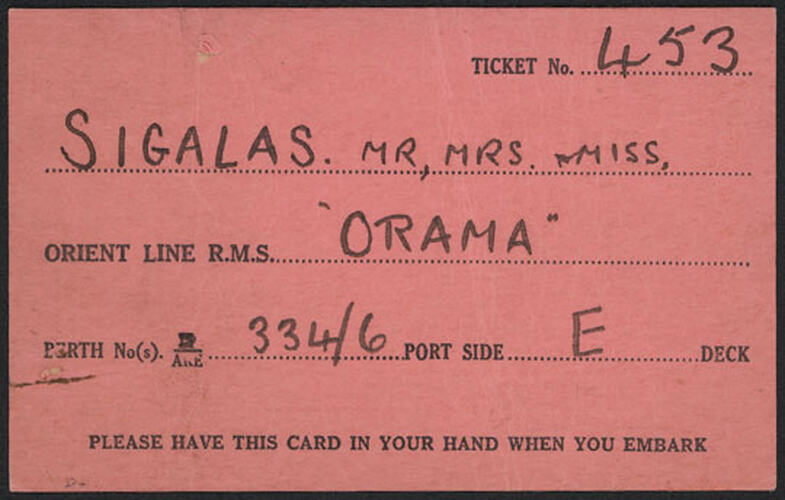 Passenger Ticket - SS Orama, Orient Line, 1930