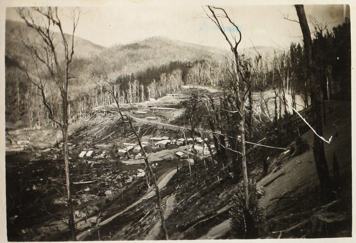 State Electricity Commission, Group of Wooden Buildings in Fire Effected Bushland, Victoria, circa 1940