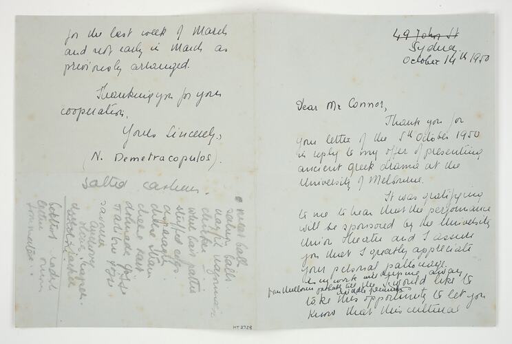 Letter - Lili Sigalas to Desmond Connor, Draft, 14 Oct 1950