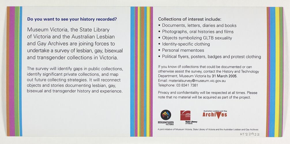 Flyer - Lesbian, Bisexual, Gay, Transgender Collections Survey, 2005