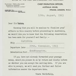 Letter - 'Canberra' Ship Reservation, Myerscough, 1963
