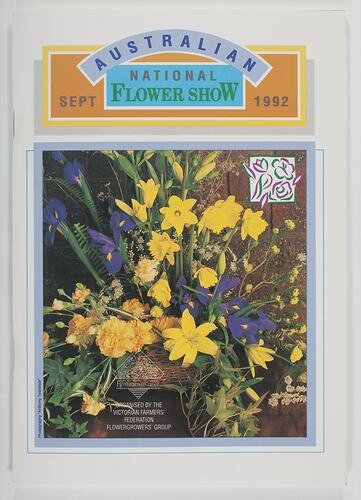 Programme cover with yellow and blue flowers. Blue, yellow, orange, green printed heading, text and borders above.