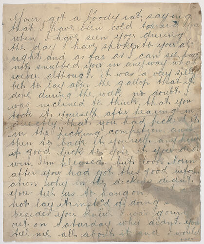 Handwritten letter in blue ink on buff coloured paper. Cursive script. Some staining of paper.