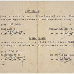 Certificate of Camp Police Membership - Nicolae Condorateanu, 1946