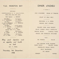 Menu - TSS Moreton Bay, 9th Dec 1948