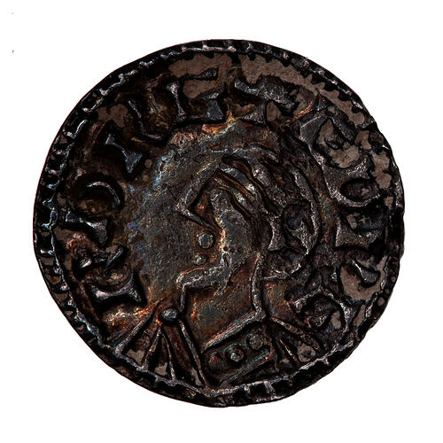 Coin, round, Diademmed bust of King Edward facing left; text around, '+ EDVERD RE'.