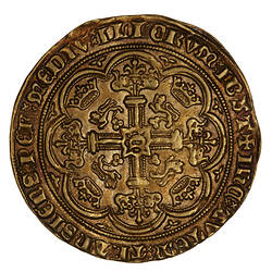 Coin, round, at centre, the letter C above a floriated cross. In each angle, a Lion passant below a crown.