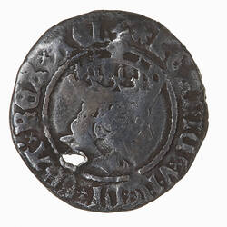 Coin, round, crowned profile bust of the King facing right; text around, HENRIC  VII DI GRA REX AGL.