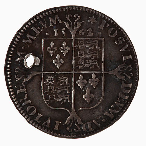 Coin, round, A plain, square topped shield quartered with the arms of France and England.