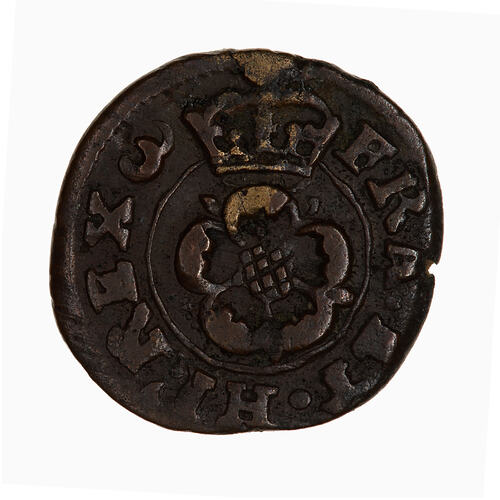Token, round, at centre within a line circle, a rose; above, crown; text around.