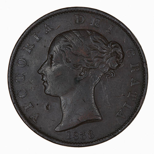 Coin - Halfpenny, Queen Victoria, Great Britain, 1838 (Obverse)