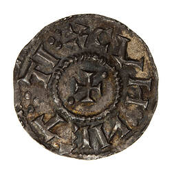 Coin, round, at centre within circle of dots a cross pattee with beads in two angles; text around.