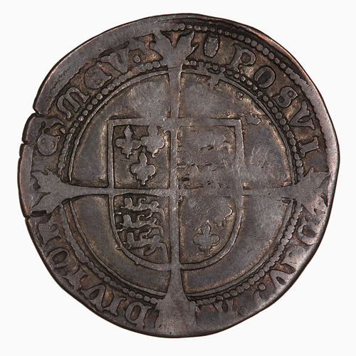 Coin, round, Royal shield, quartered with the arms of England and France on a cross fourchee; text around.