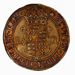 Coin, round, Crowned Royal shield quartered with the arms of England and France dividing the letters ER.
