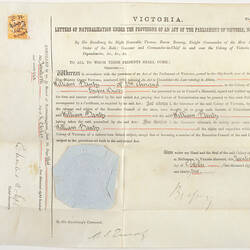 Naturalisation Certificate - Issued to William Bantry, Government of Victoria, 20 Oct 1896