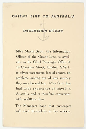 Notice - Information Officer, Orient Line to Australia