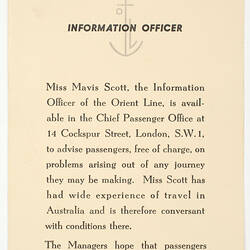 Notice - Information Officer, Orient Line, 1954