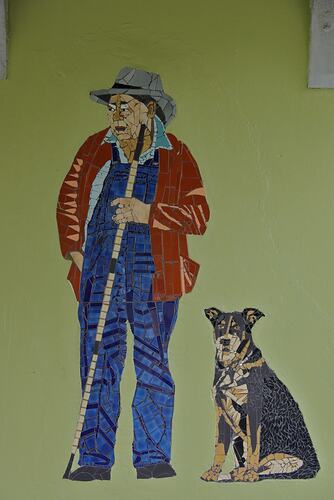 Mosaic 'Bill Glenn & his Cattle Dog', Epsom Road Overpass, Newmarket, Apr 2010