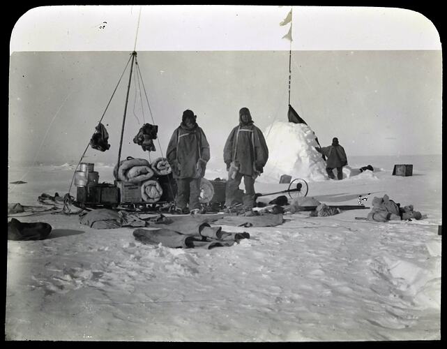 Lantern Slide - British Antarctic Expedition, Three Men at Campsite, Antarctica, 1909