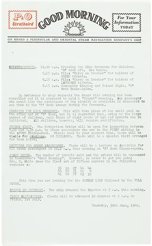 Newsletter - 'Good Morning', P&O Lines, Strathaird, 30 Jun 1960