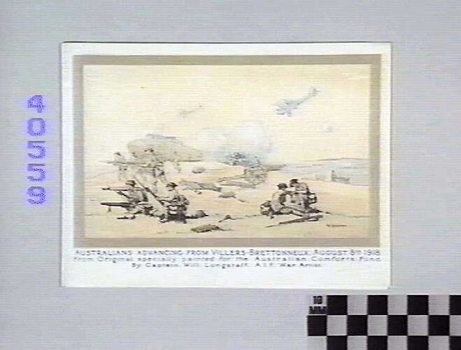 Postcard with depiction of battle scene.