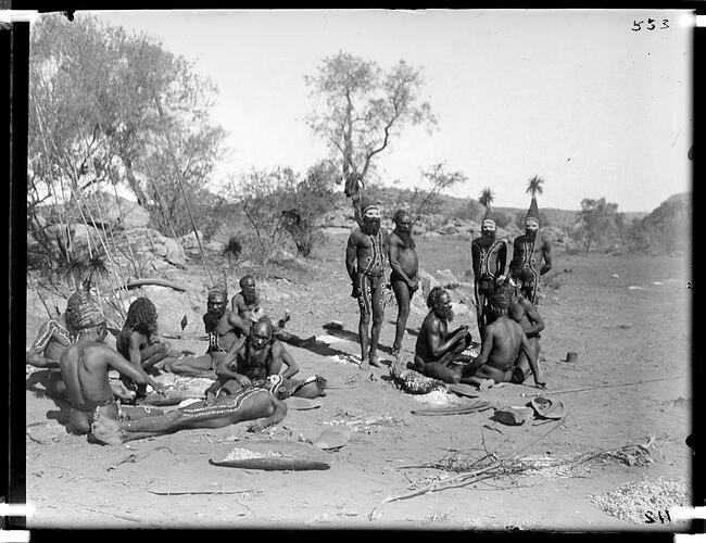 Arrernte men preparing for ceremony, Alice Springs, Central Australia, 1901