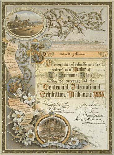 Certificate - Illuminated, Centennial Choir, Melbourne Centennial Exhibition, 1888