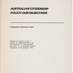 Booklet - A. J. Grassby, 'Australian Citizenship Policy
