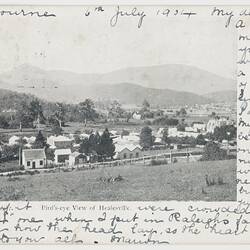 Postcard - Bird's-eye View of Healesville, To J. B. Scott from Marion Flinn, Melbourne, 6 Jul 1904