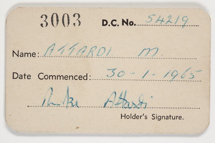 Business Card - Michael Attardi, Taxi Driver, 30 Jan 1961