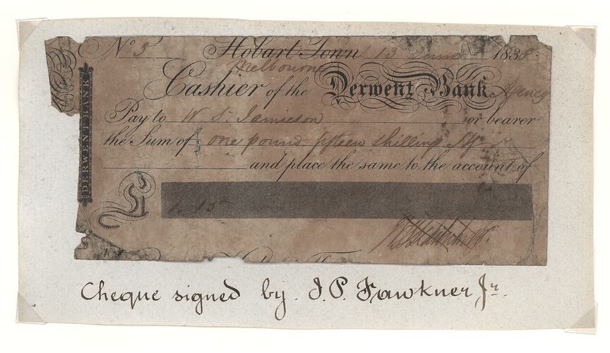 Cheque - John Pascoe Fawkner to W.S. Jamieson, Victoria, Australia, 1838