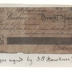Cheque - John Pascoe Fawkner to W.S. Jamieson, Victoria, Australia, 13 Jun 1838