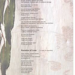 Poems and eucalypt leaves illustration on paper.