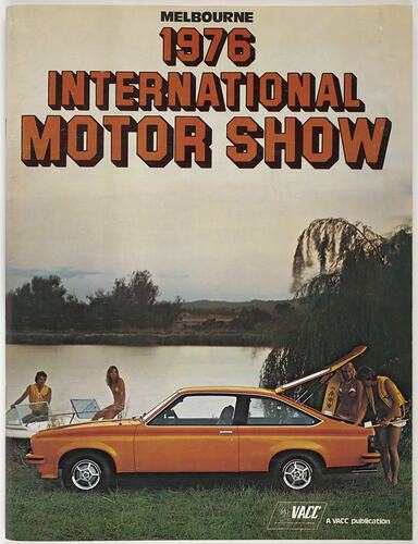 Cover of motor show catalogue showing muscle car with people in swim outfits.