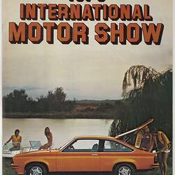 Cover of motor show catalogue showing muscle car with people in swim outfits.