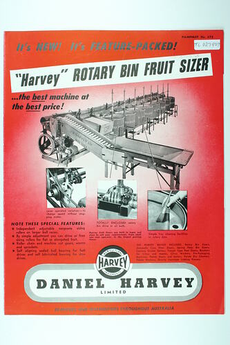 Red front cover with black text. Features fruit size sorting machine.