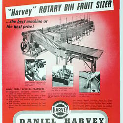 Red front cover with black text. Features fruit size sorting machine.