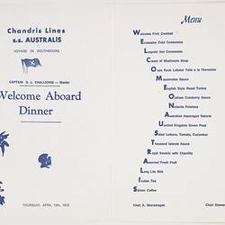 Menu - SS Australis, Chandris Lines, Welcome Aboard Dinner, 31 Apr 1972