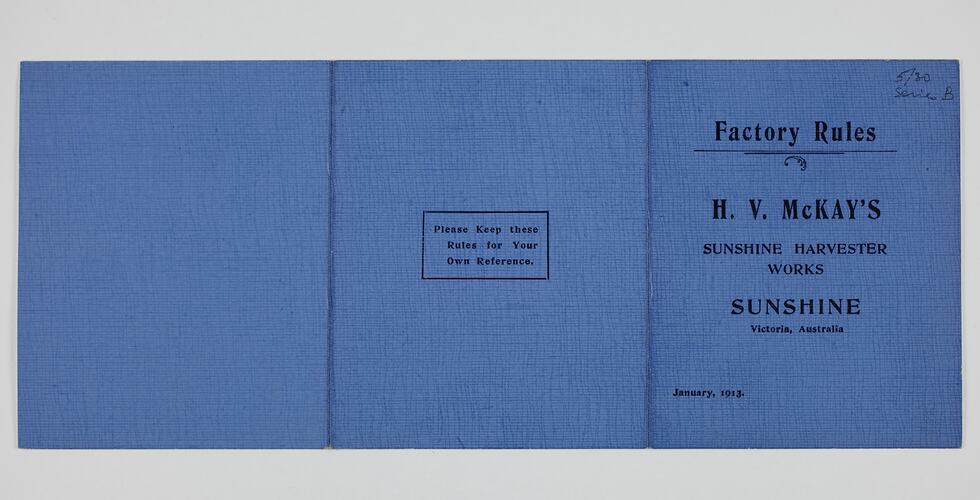 Factory Rules - H.V. McKay's Sunshine Harvester Works, Jan 1913
