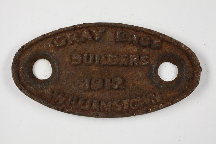 Rollingstock Builder's Plate - Gray Bros., Williamstown, 1912