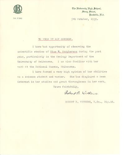 Letter - From Robert Withers, The University High School, Parkville, To whom it may concern, 5 Oct 1939