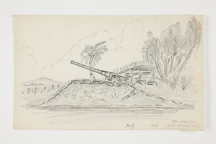 Drawing of a large machine gun on the beach, on off-white paper.