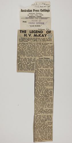 Newspaper Cutting - Ballarat Courier, The Legend of H. V. McKay, 13 Aug 1952