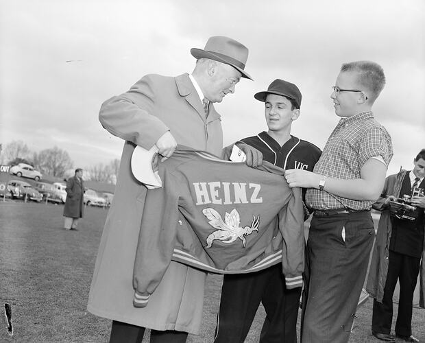 Man with Two Baseball Players, Olympic Park, Melbourne, Victoria, 1958